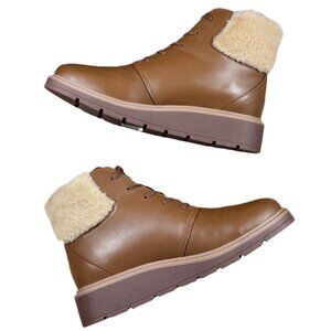 Clarks Mahogany Leather Faux Fur Trim Wedge Boots 8.5